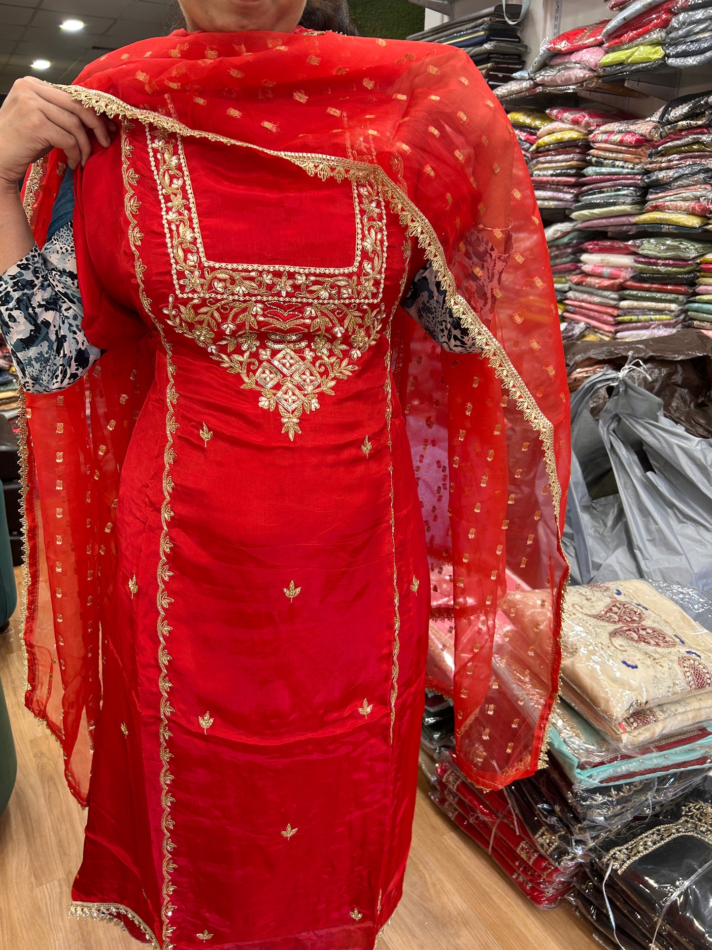 Red pari full hand work unstitched suit fabric 5 mtr